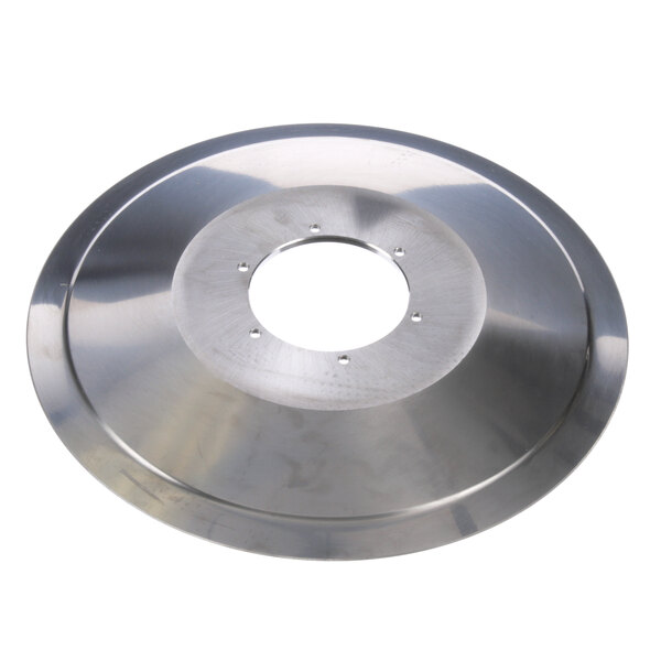 A stainless steel Globe S/S knife disc with a hole in the center.