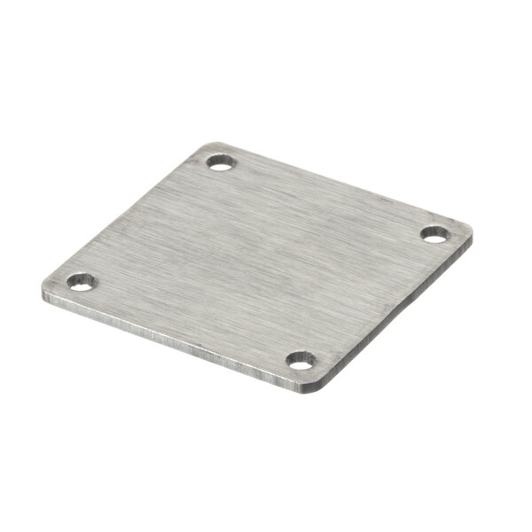 A silver square metal plate with holes.