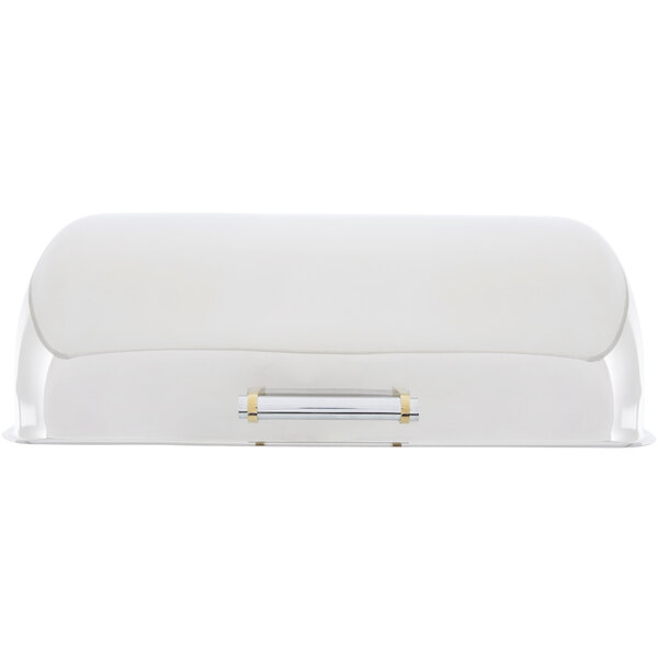 A white Vollrath chafer cover with a silver handle.