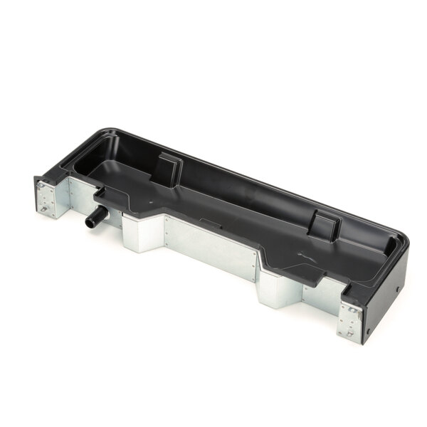 A black plastic rectangular drip tray with a silver metal piece inside.