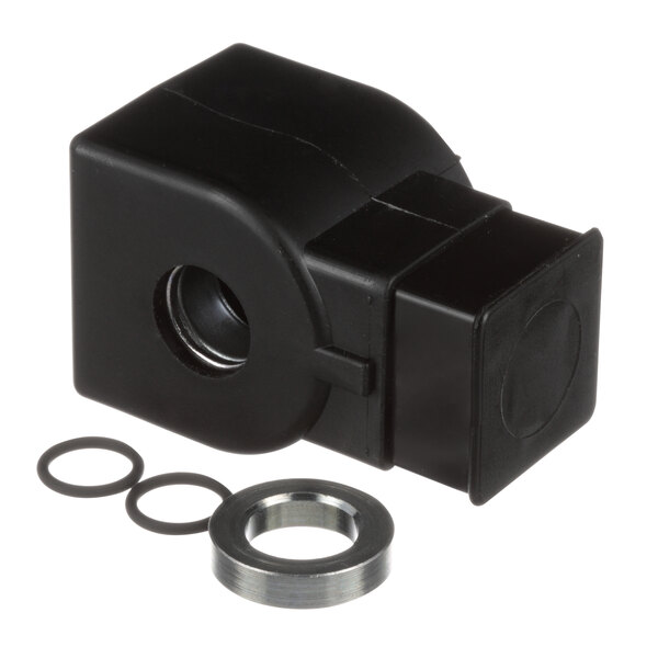 A black plastic Hobart solenoid coil with metal rings on a white background.