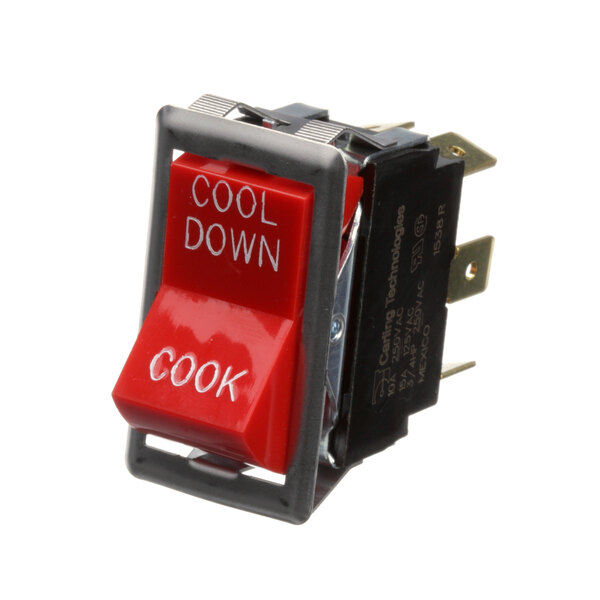 A red Blodgett rocker switch with white text that says "cool down"