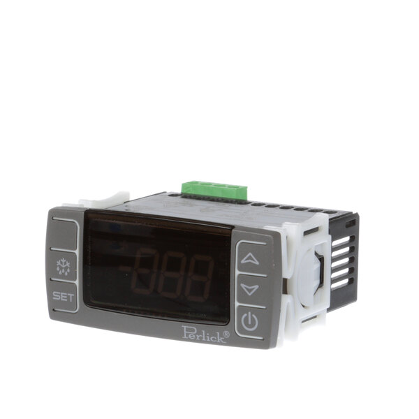 A grey and black Perlick digital temperature controller with a green display and buttons.