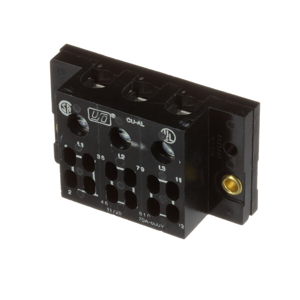 A black Frymaster electrical block terminal with three holes.