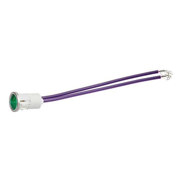 A green and purple light bulb with a white background.