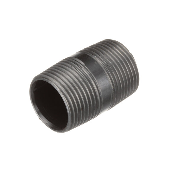A black threaded pipe with a black band and a hole.