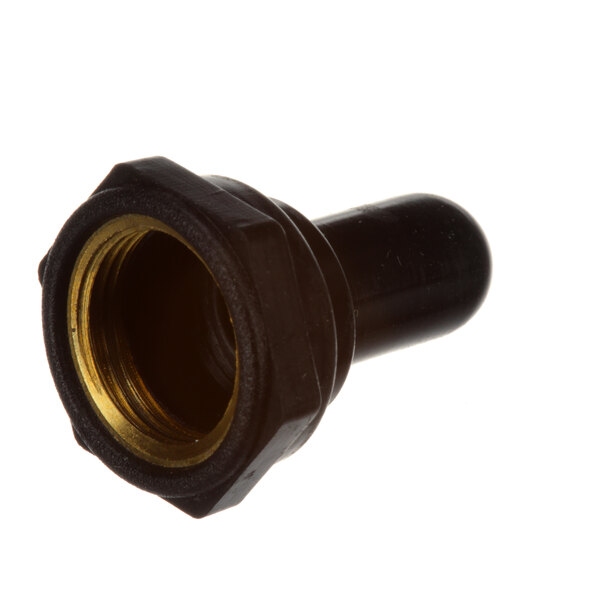 A black plastic pipe with a gold nut.