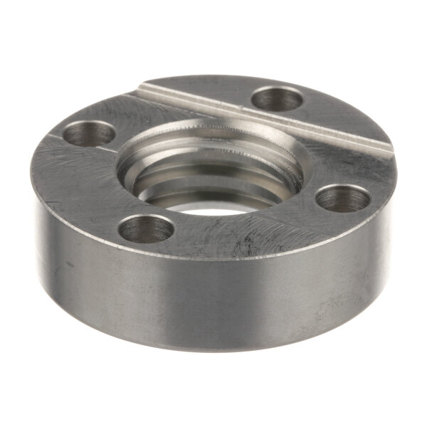 An aluminum Henny Penny nut with a threaded hole and two flanges.
