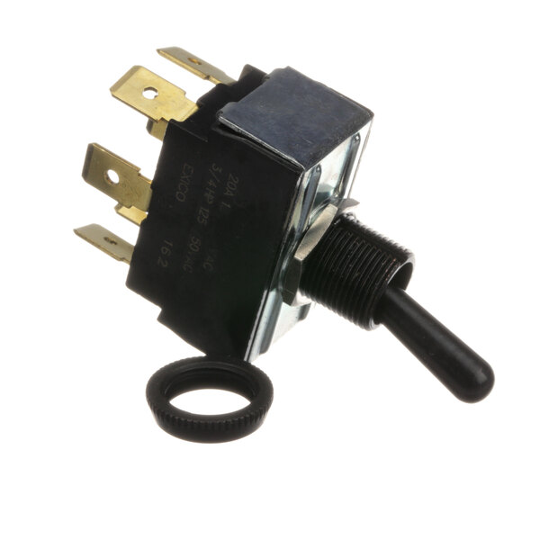 A close-up of a Lang black toggle switch with a black ring.