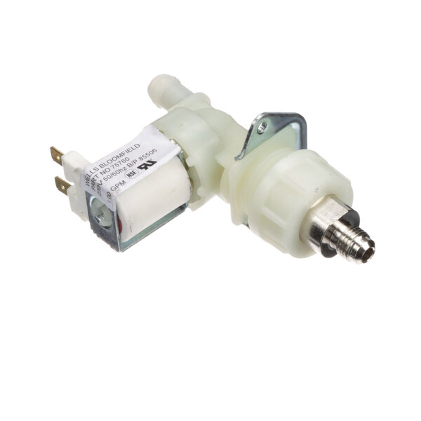 A white plastic Bloomfield solenoid valve with a metal connector.