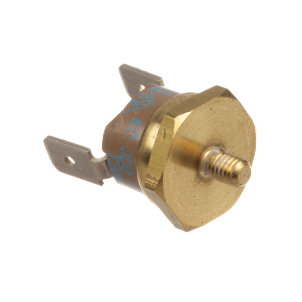 A gold metal Blodgett thermoswitch with a brass knob.