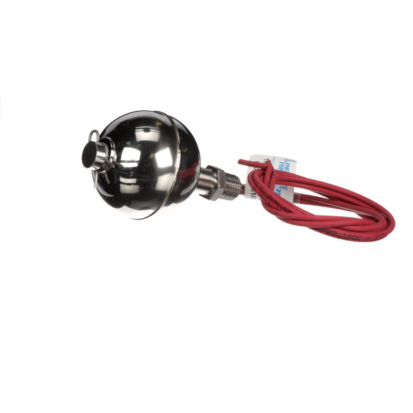 A round metal water level ball with a red cord.