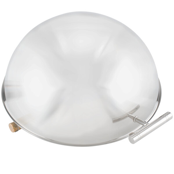 A round silver Acopa Supreme chafer cover with chrome trim and a handle.