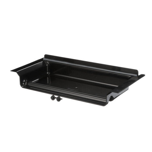 A black metal tray with a handle on it.