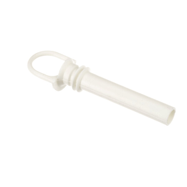A white plastic pinch tube with a ring.
