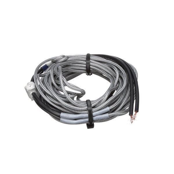 A coil of grey and black wires with a black and white cable.