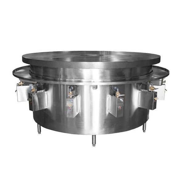 A Town liquid propane Mongolian BBQ range with a stainless steel flat top and round metal container.