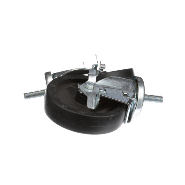 A black and silver caster wheel with metal parts.