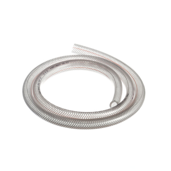 A flexible white plastic hose with a silver metal end and a red stripe.