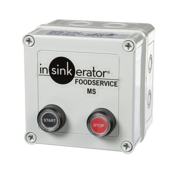 A white InSinkErator control box with black text and buttons.
