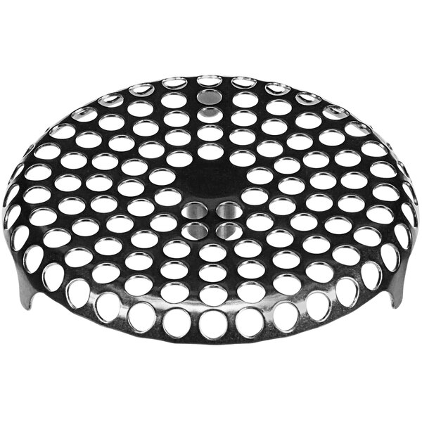 A black metal Rational outlet sieve with holes.