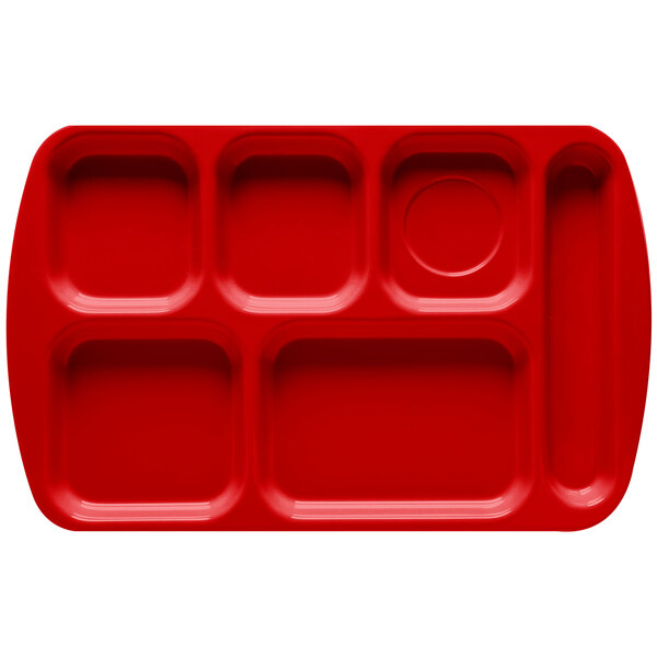 A red GET right handed tray with 6 compartments of different shapes.