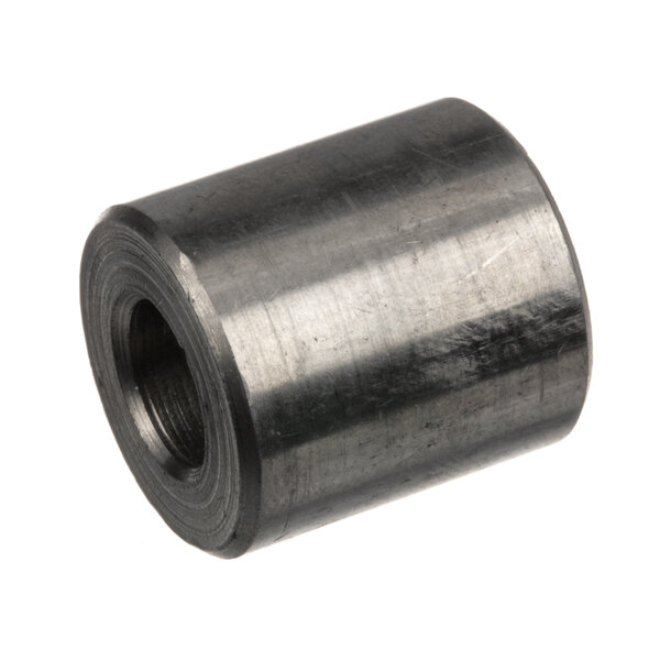 A close-up of a black steel threaded nut on a metal cylinder.