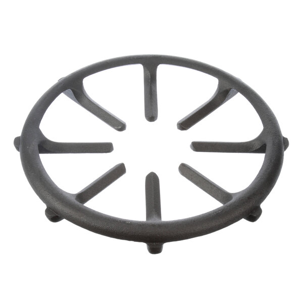 A black cast iron gas range grate with a circular design and four holes.