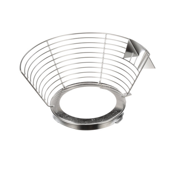 A stainless steel bowl guard with a white circle on the top.