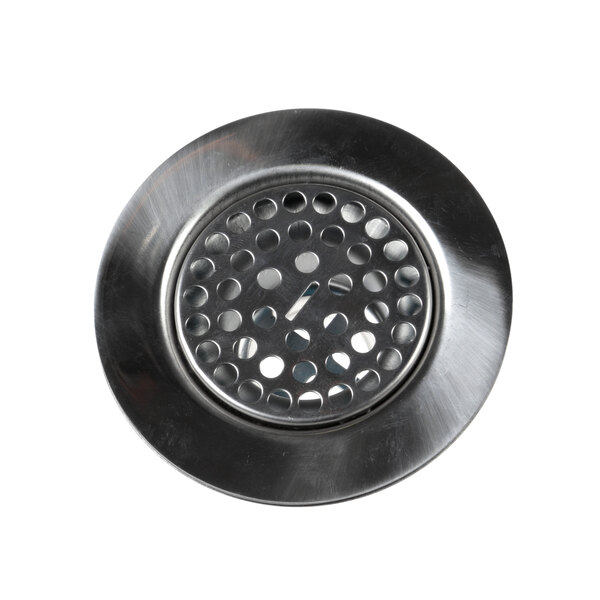 A Groen metal sink drain strainer with holes.