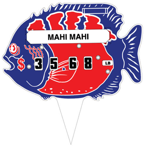 A white fish-shaped deli tag with red and blue accents and black numbers.