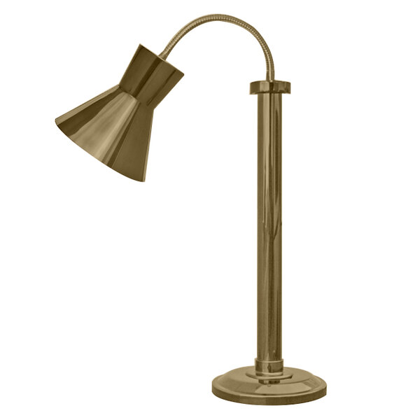 A close-up of a brass Hanson Heat Lamp pole with a metal tube and a metal object at the end.