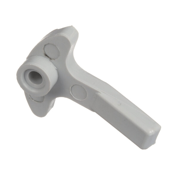 A close-up of a white plastic Duke latch handle with screw holes.