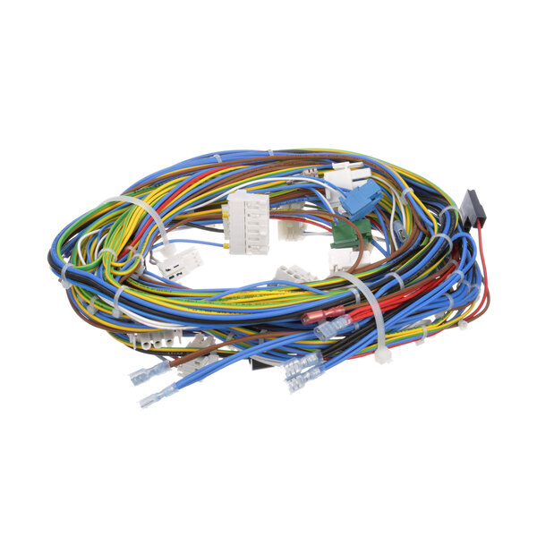 A close-up of a bunch of colorful wires on a white background.