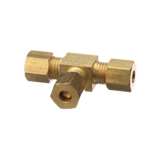 A Vulcan brass tee threaded pipe fitting with a single nut.
