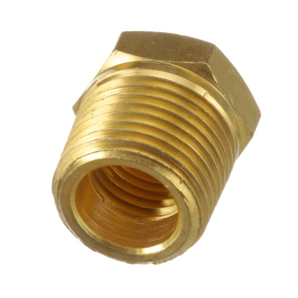 A brass hex bushing with a threaded male end.