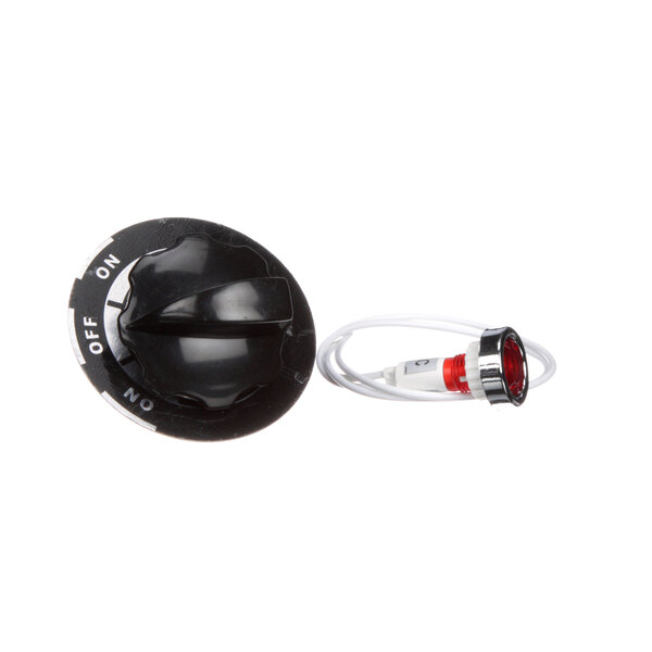A black rotary switch knob with a red light and white and black cords.