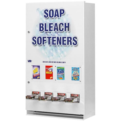 A white Vendmaster laundry soap vending machine with red and blue text on it.