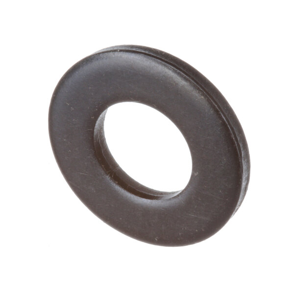 A black rubber flat washer with a hole in the middle on a white background.