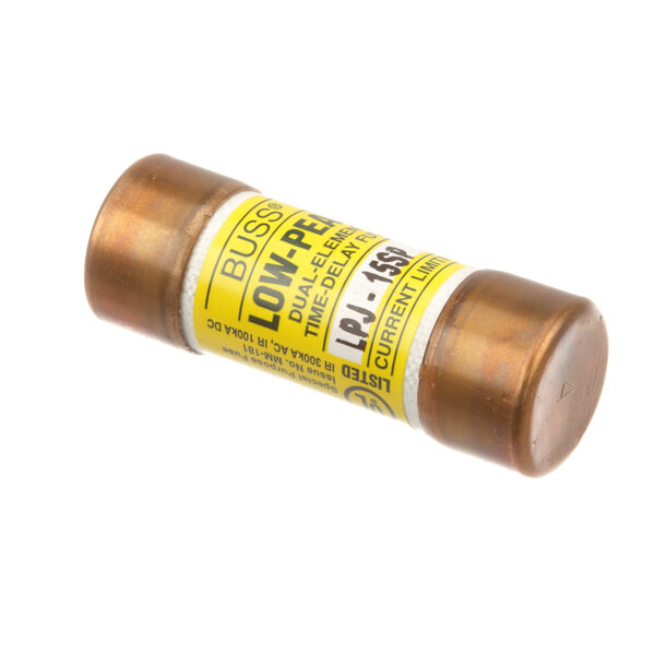 A close-up of a yellow label on a brown tube with copper caps.