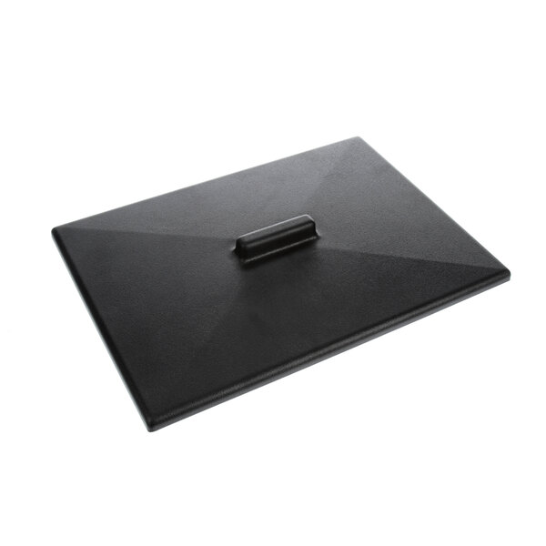 A black rectangular tray with a metal handle.
