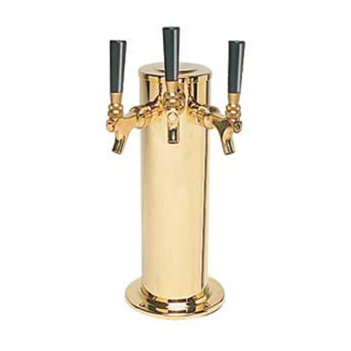 A gold beer tap tower with three black handles.