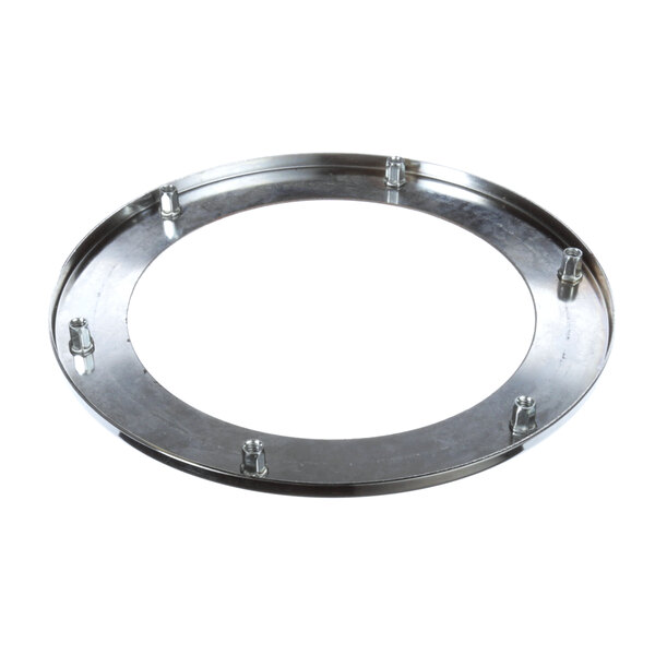 A stainless steel InSinkErator adapter ring with screws.