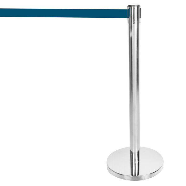A silver metal Aarco crowd control stanchion with a blue retractable belt.