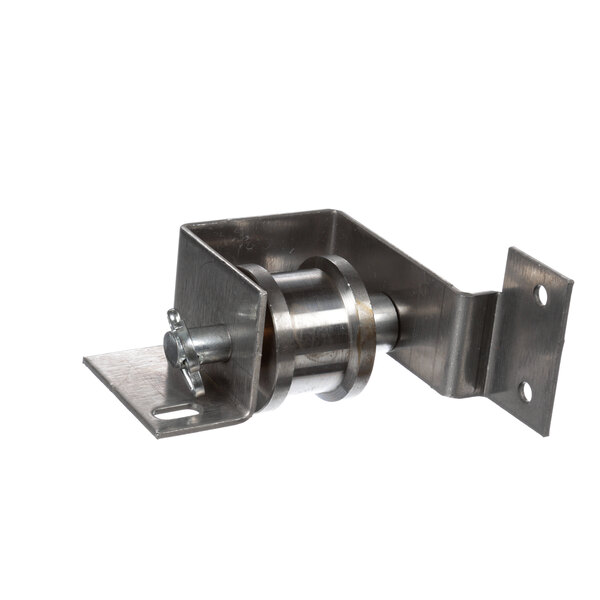 A stainless steel Southbend roller bracket with metal plates on the sides.