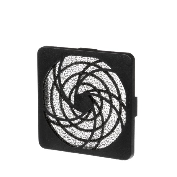 A black square fan guard with a spiral design.