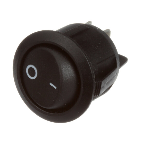 A black round switch with a white circle on the center.