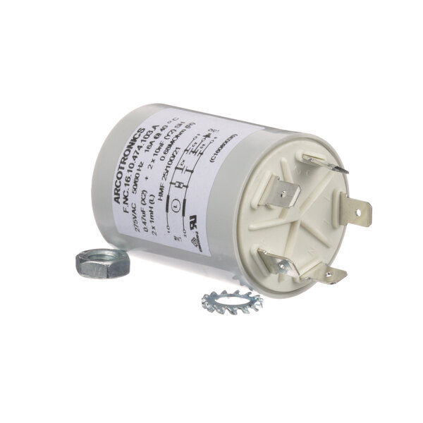 A white round capacitor with metal screws and a metal label.