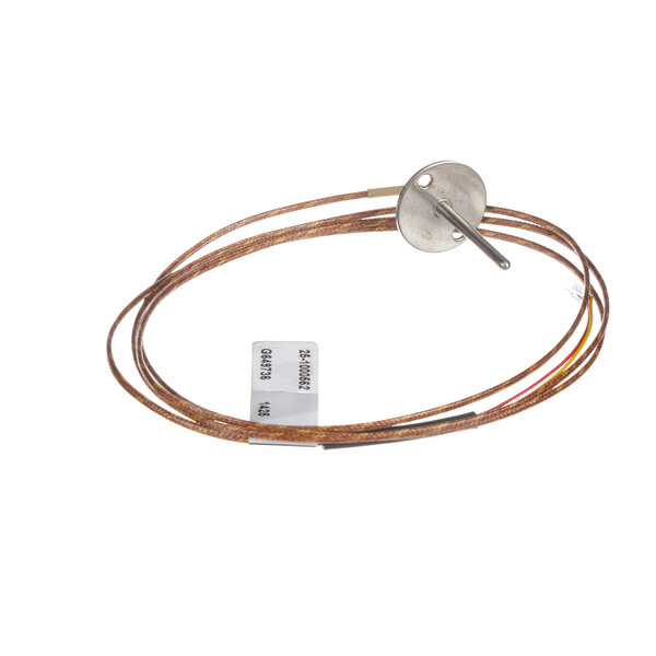 A copper wire with a small metal tag on the end.