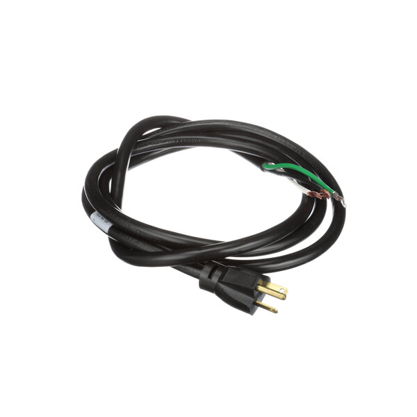 A black electrical cord with green and white wires.